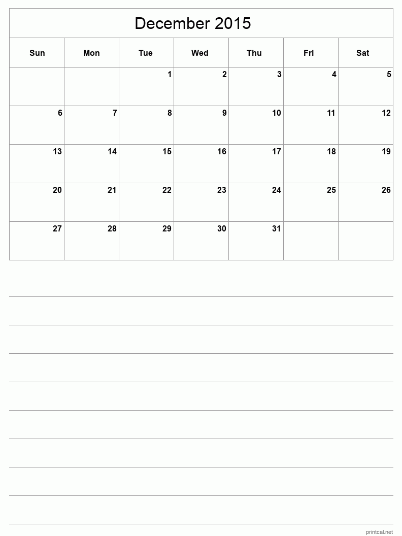 December 2015 Printable Calendar - Half-Page With Notesheet