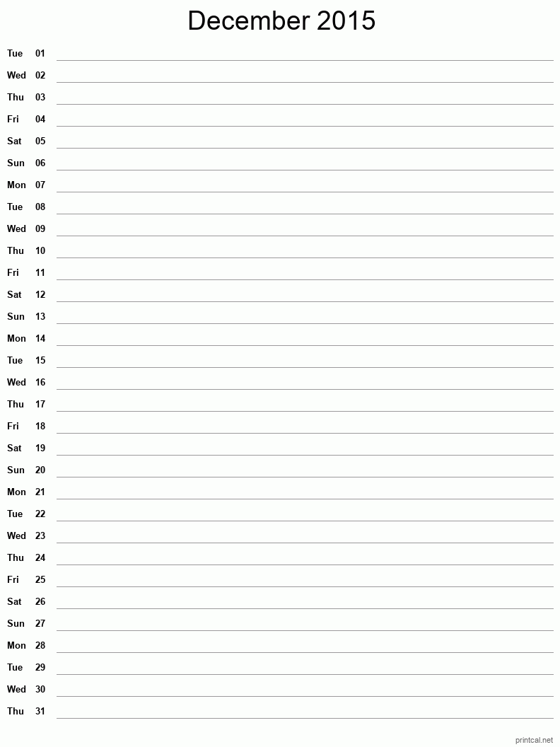 December 2015 Printable Calendar - Single Column Notesheet