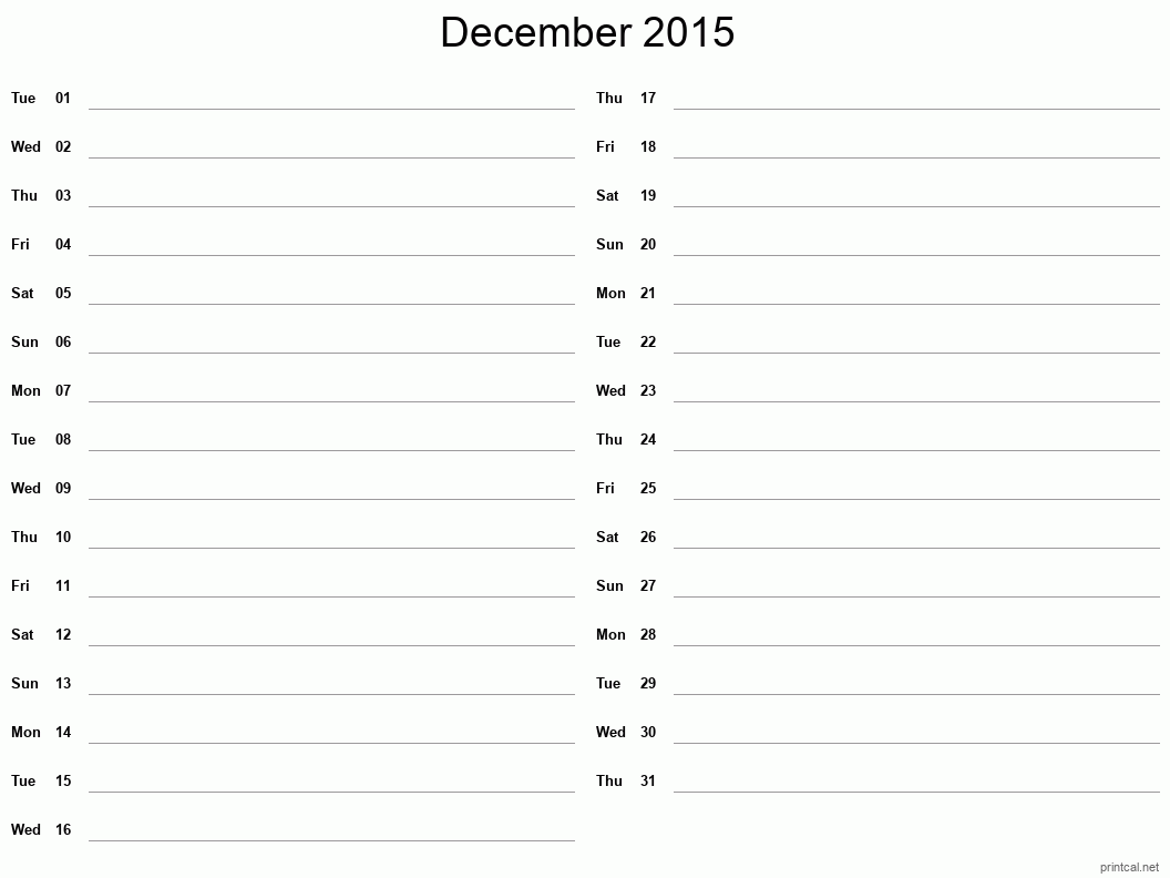 December 2015 Printable Calendar - Two Column Notesheet