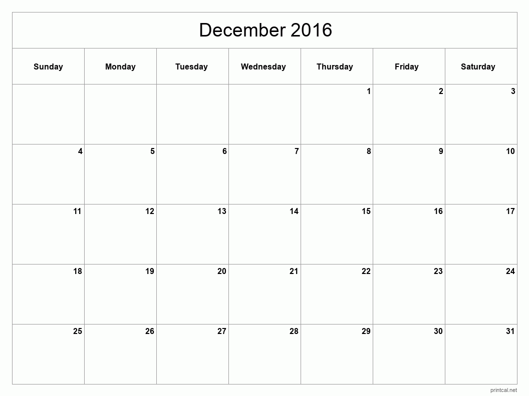 December 2016 Printable Calendar - Classic Blank Sheet