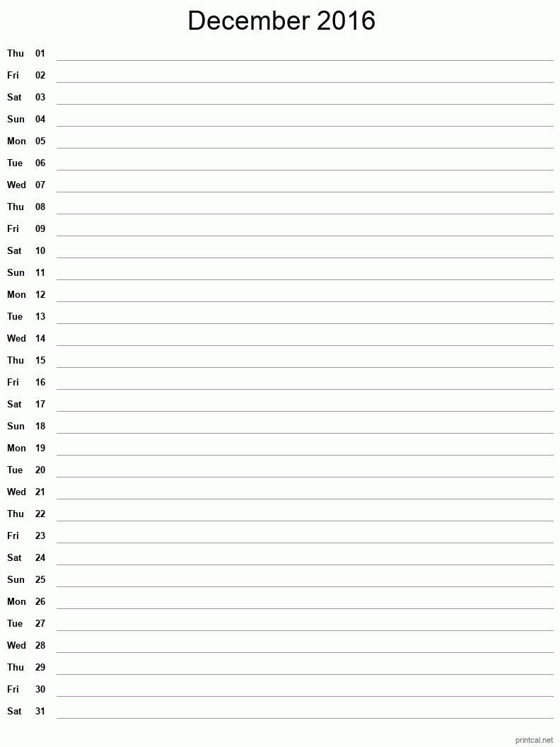 December 2016 Printable Calendar - Single Column Notesheet