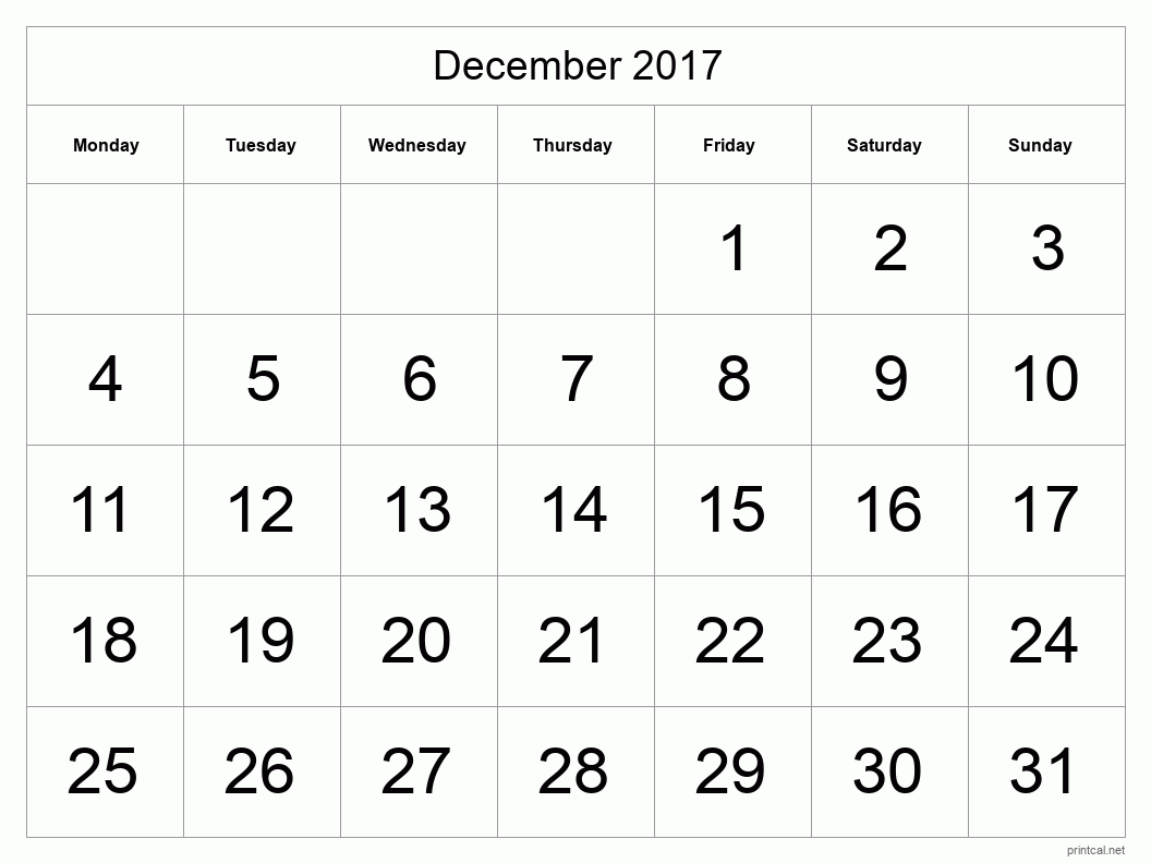 December 2017 Printable Calendar - Big Dates