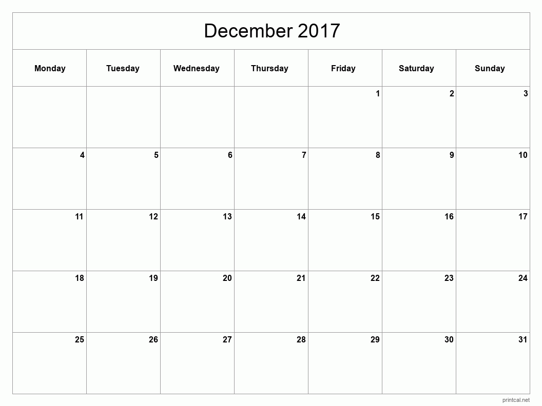 December 2017 Printable Calendar - Classic Blank Sheet