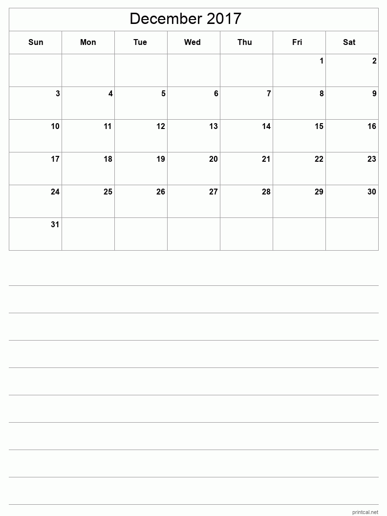 December 2017 Printable Calendar - Half-Page With Notesheet