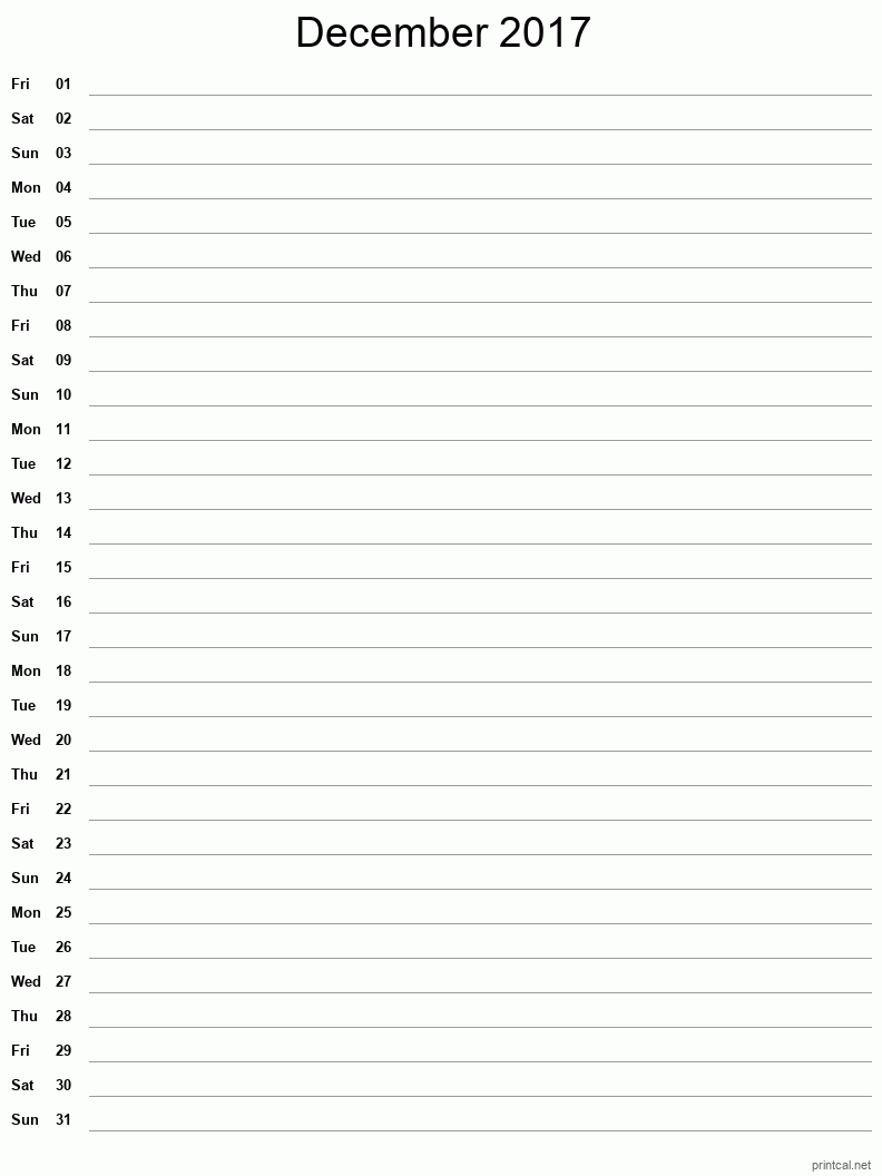 December 2017 Printable Calendar - Single Column Notesheet