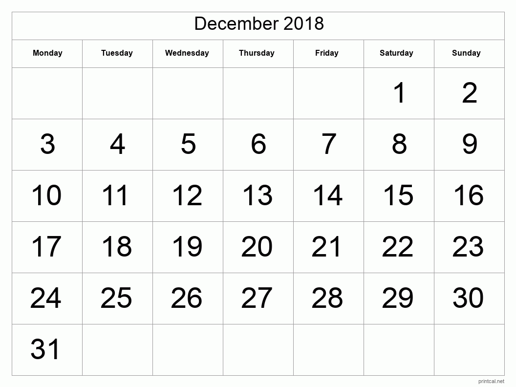 December 2018 Printable Calendar - Big Dates