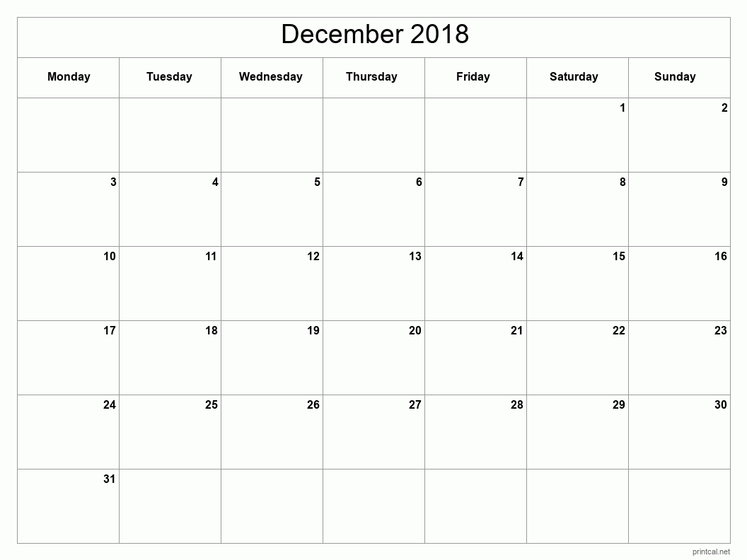 December 2018 Printable Calendar - Classic Blank Sheet