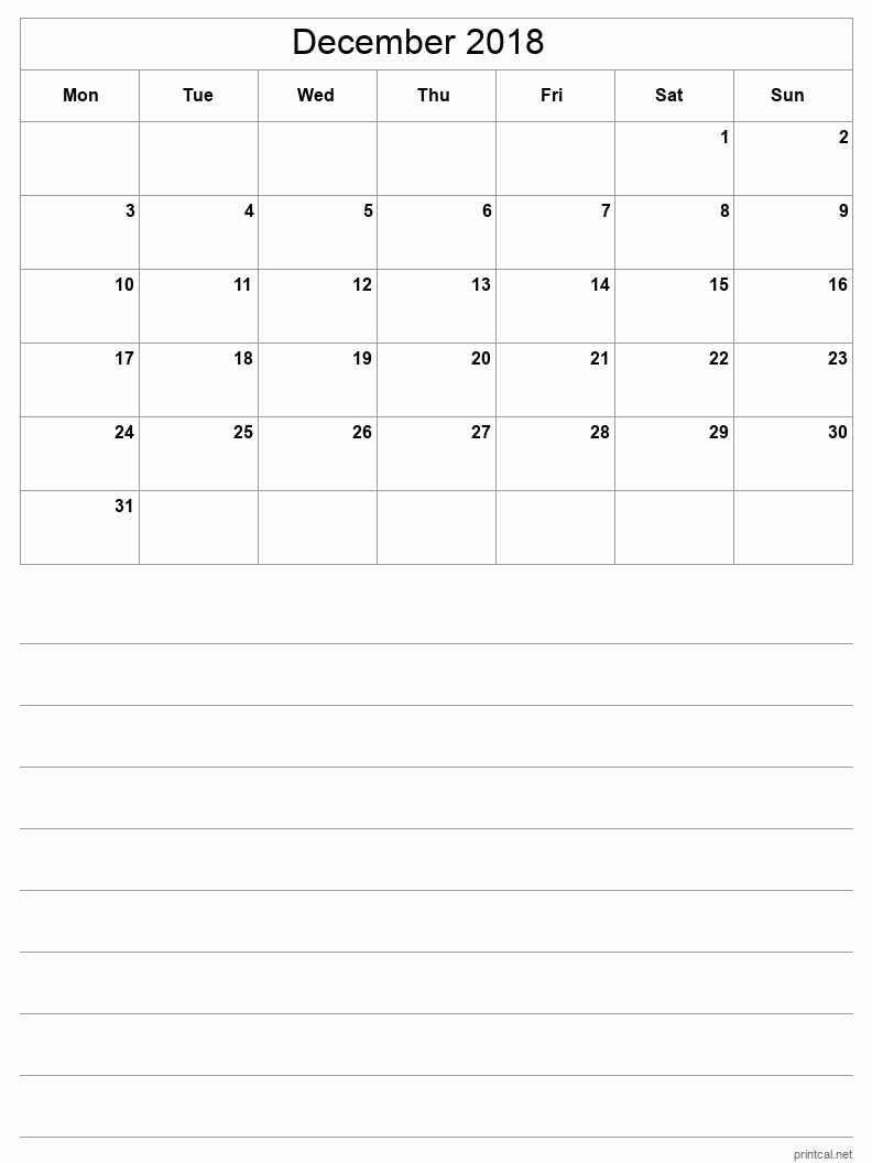 December 2018 Printable Calendar - Half-Page With Notesheet