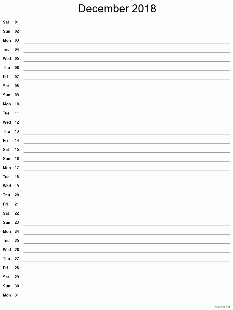 December 2018 Printable Calendar - Single Column Notesheet