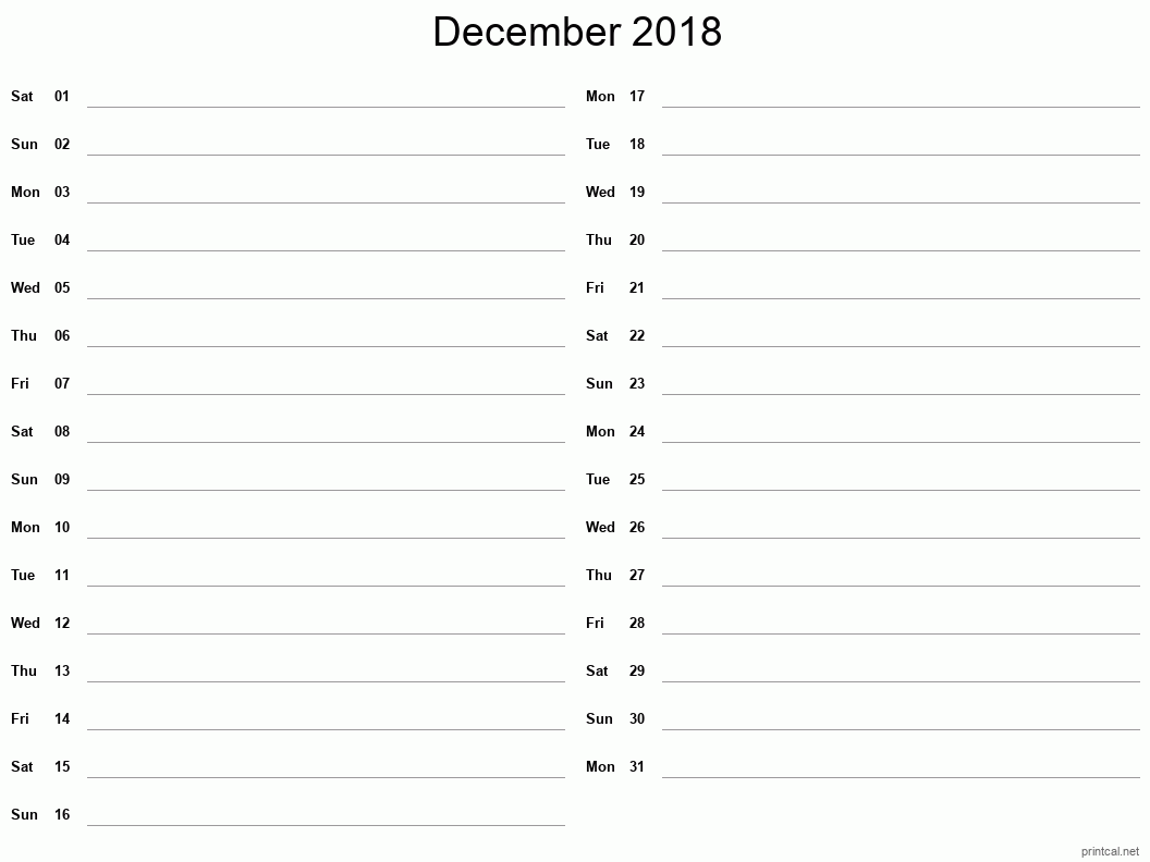 December 2018 Printable Calendar - Two Column Notesheet