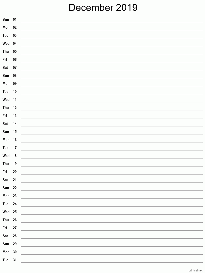 December 2019 Printable Calendar - Single Column Notesheet