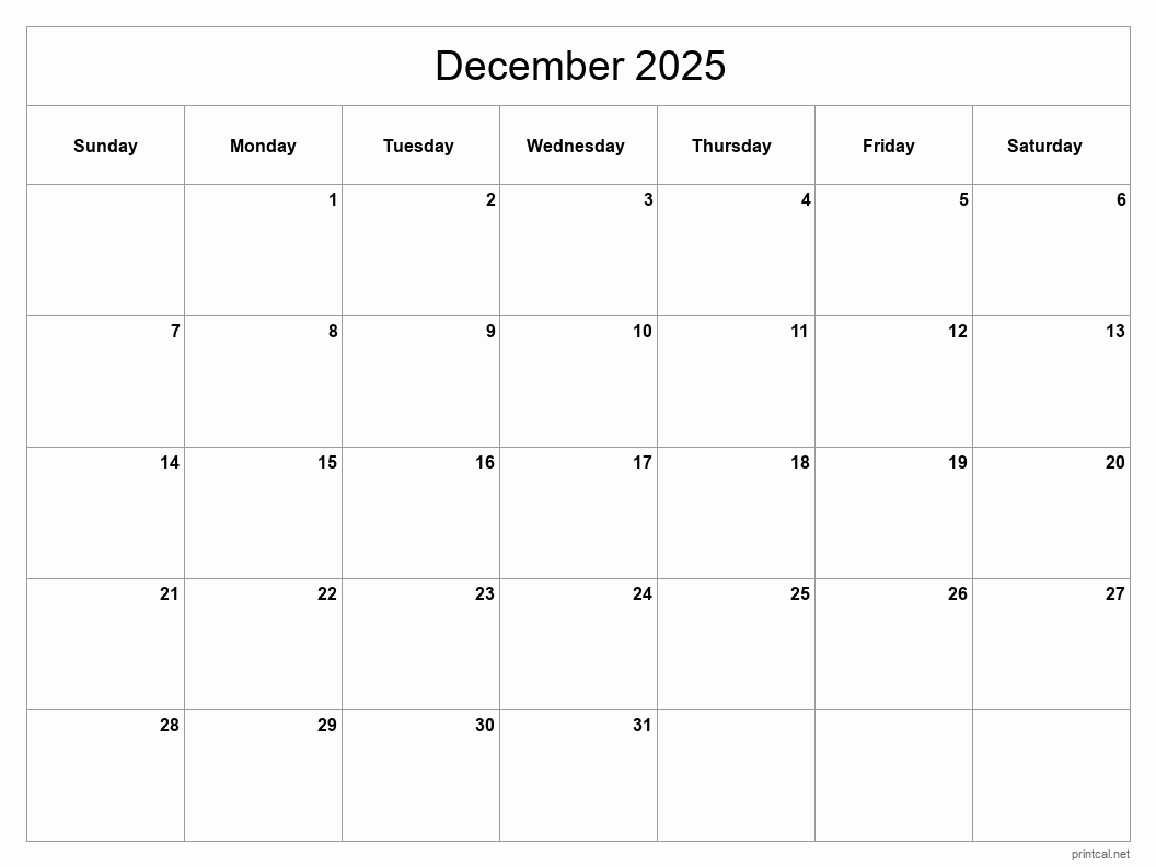December 2025 Printable Calendar - Classic Blank Sheet