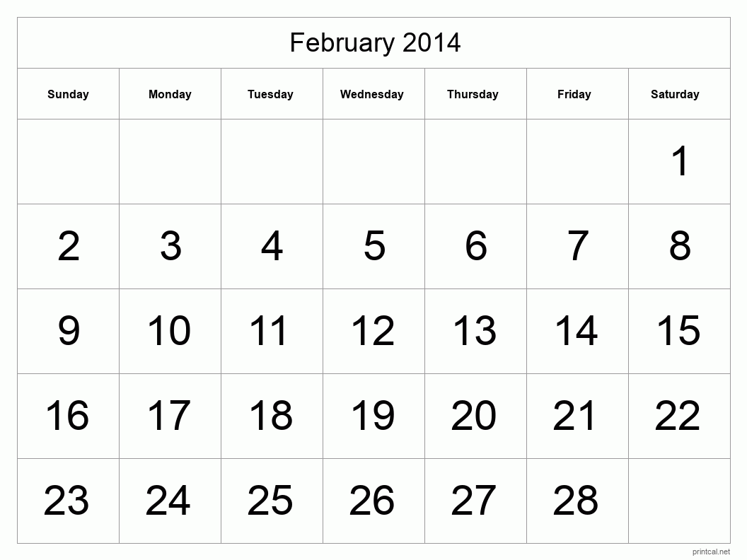 February 2014 Printable Calendar - Big Dates