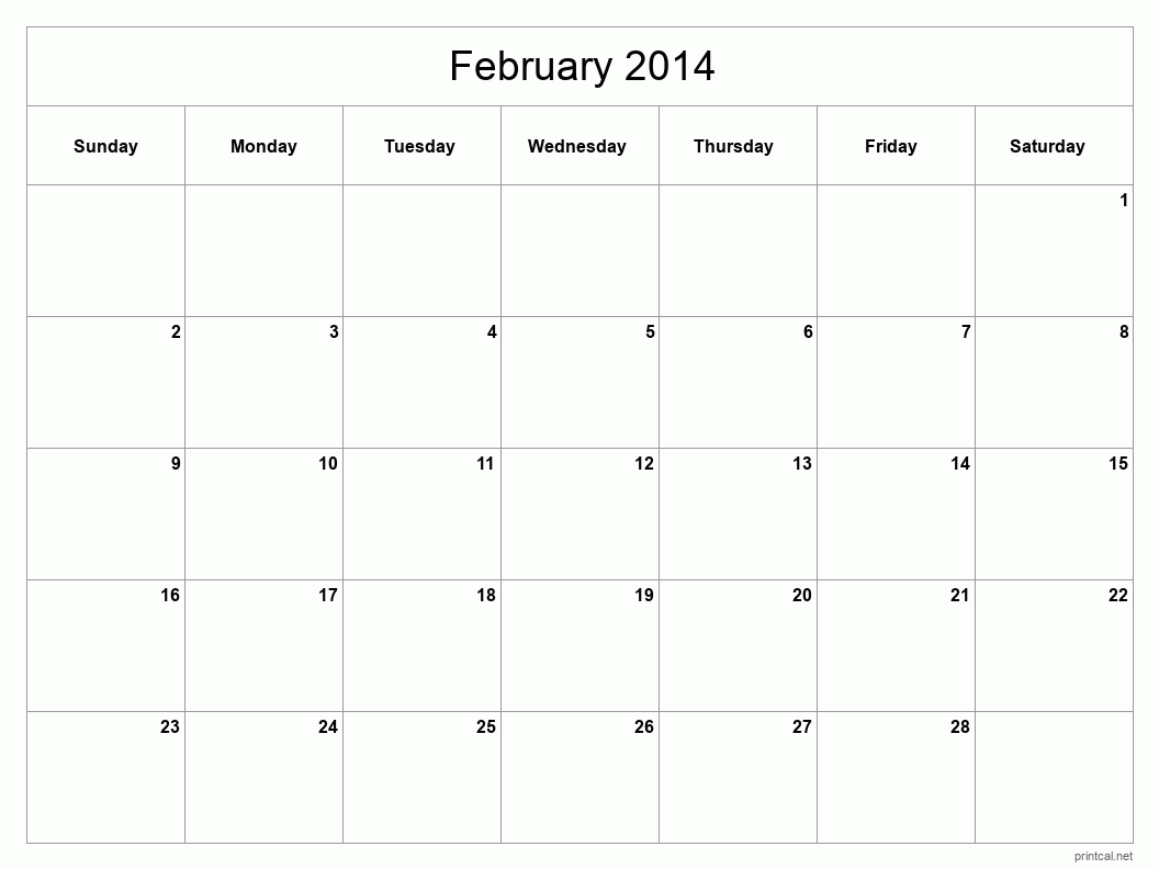 February 2014 Printable Calendar - Classic Blank Sheet