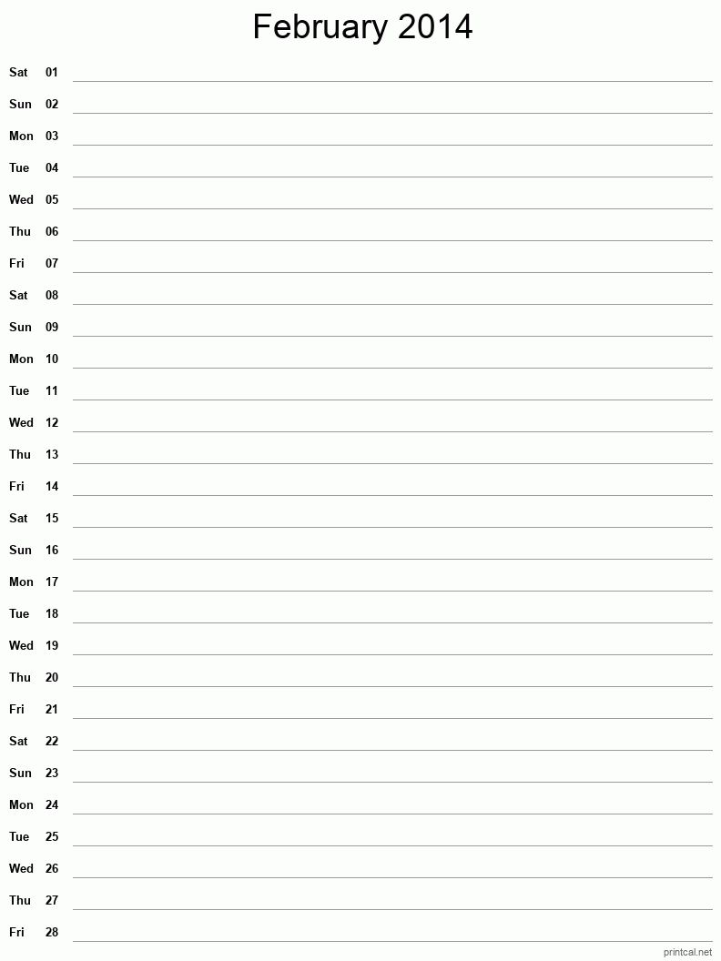 February 2014 Printable Calendar - Single Column Notesheet