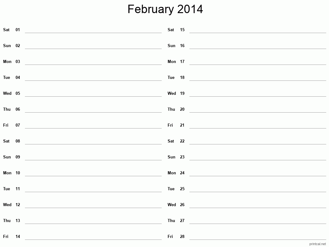 February 2014 Printable Calendar - Two Column Notesheet
