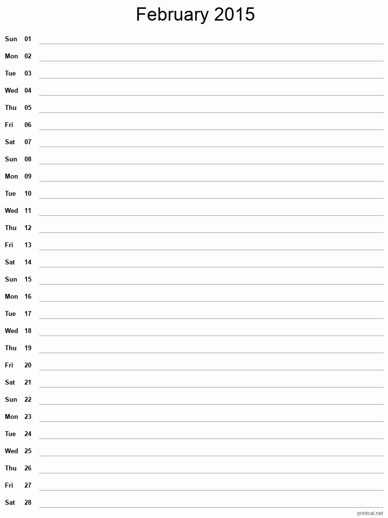 February 2015 Printable Calendar - Single Column Notesheet