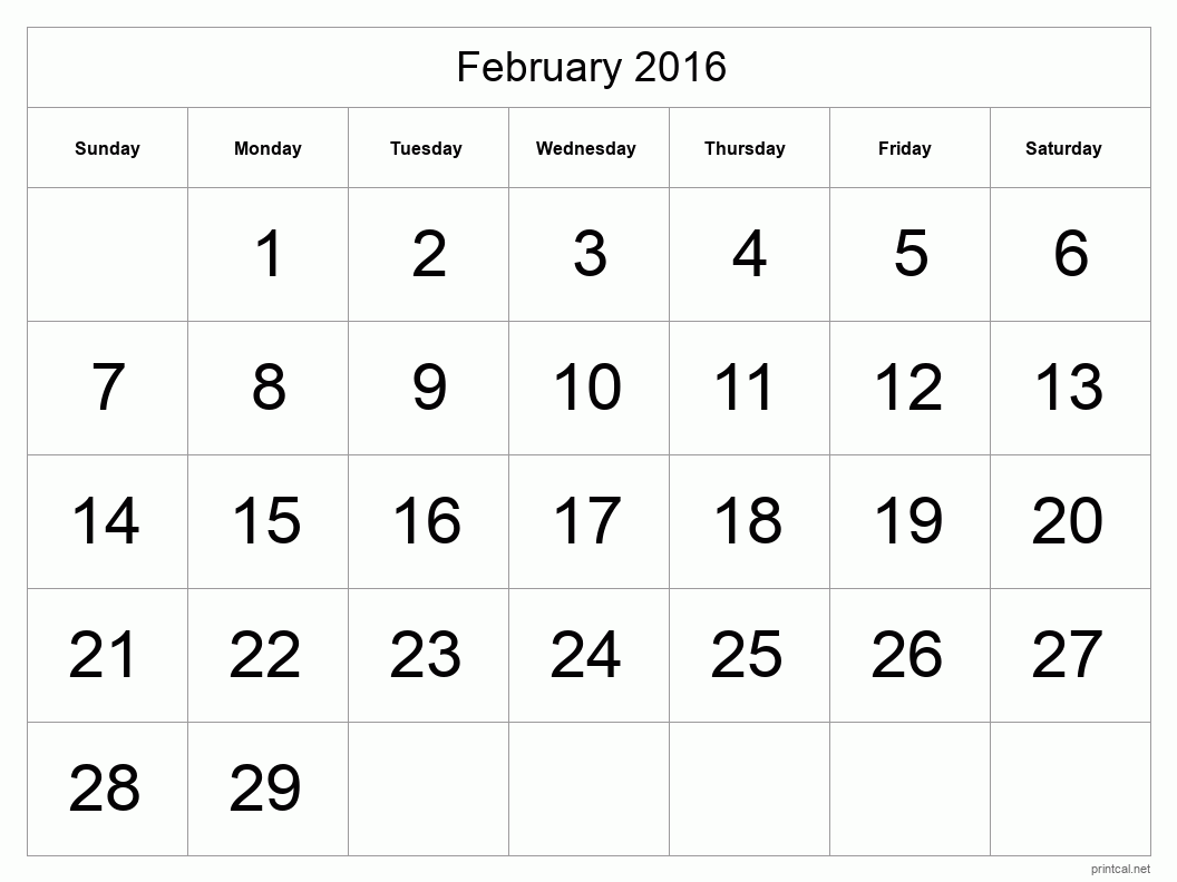 February 2016 Printable Calendar - Big Dates