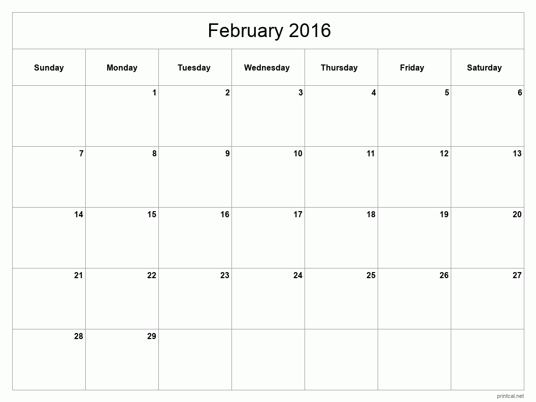 February 2016 Printable Calendar - Classic Blank Sheet