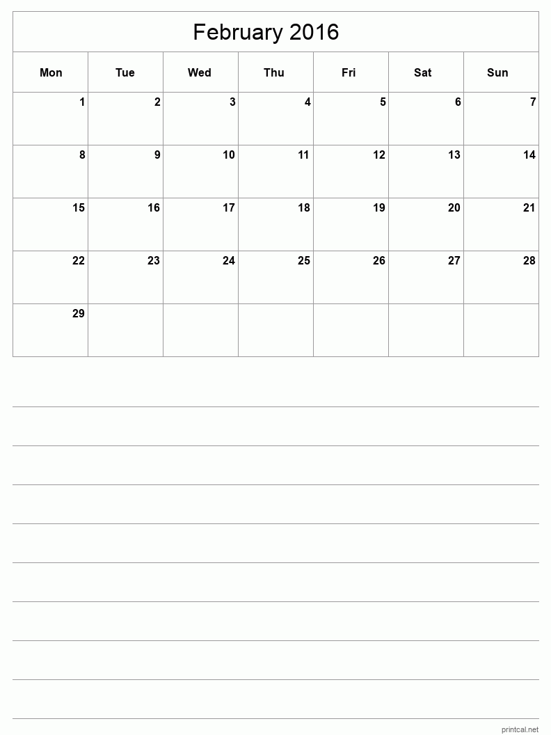 February 2016 Printable Calendar - Half-Page With Notesheet
