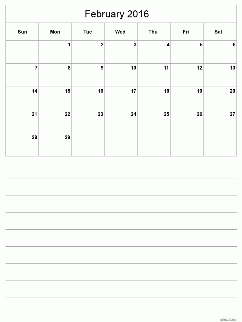 February 2016 Printable Calendar - Half-Page With Notesheet