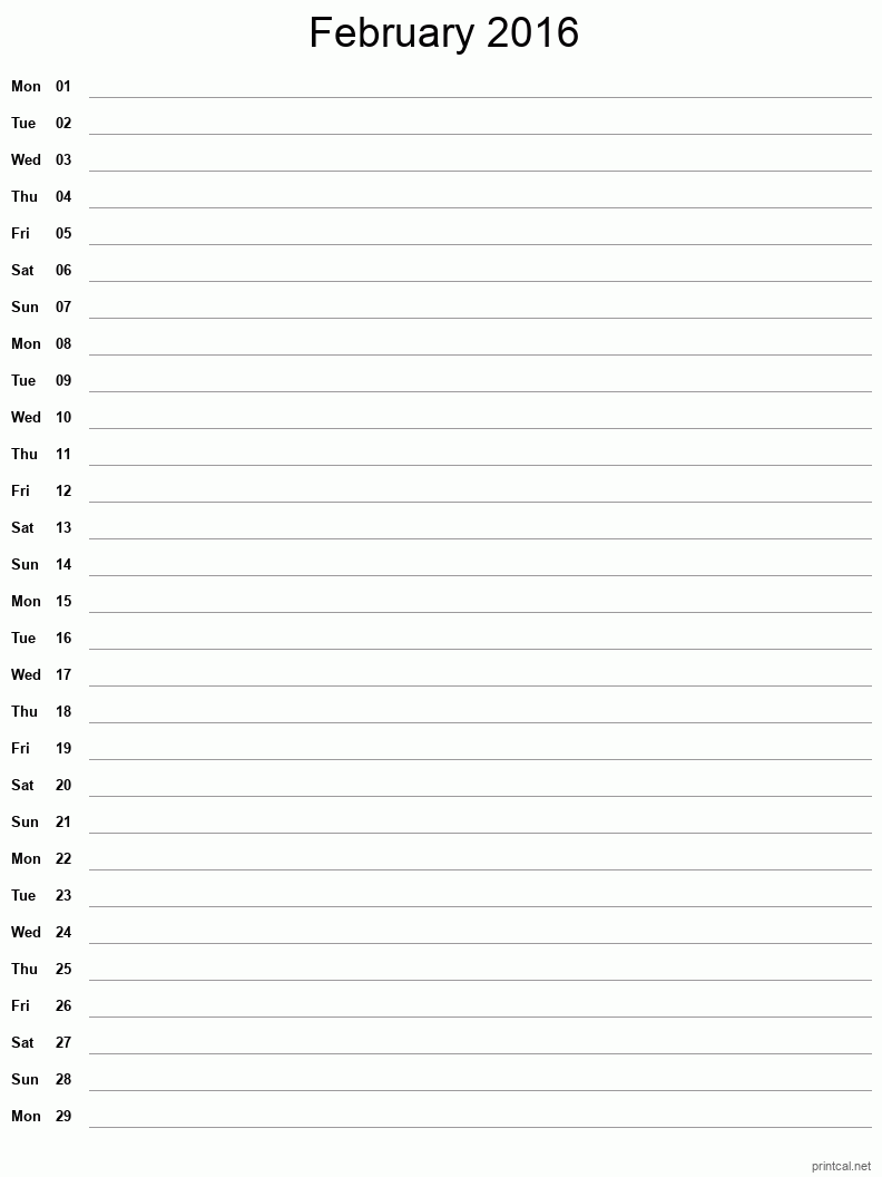 February 2016 Printable Calendar - Single Column Notesheet