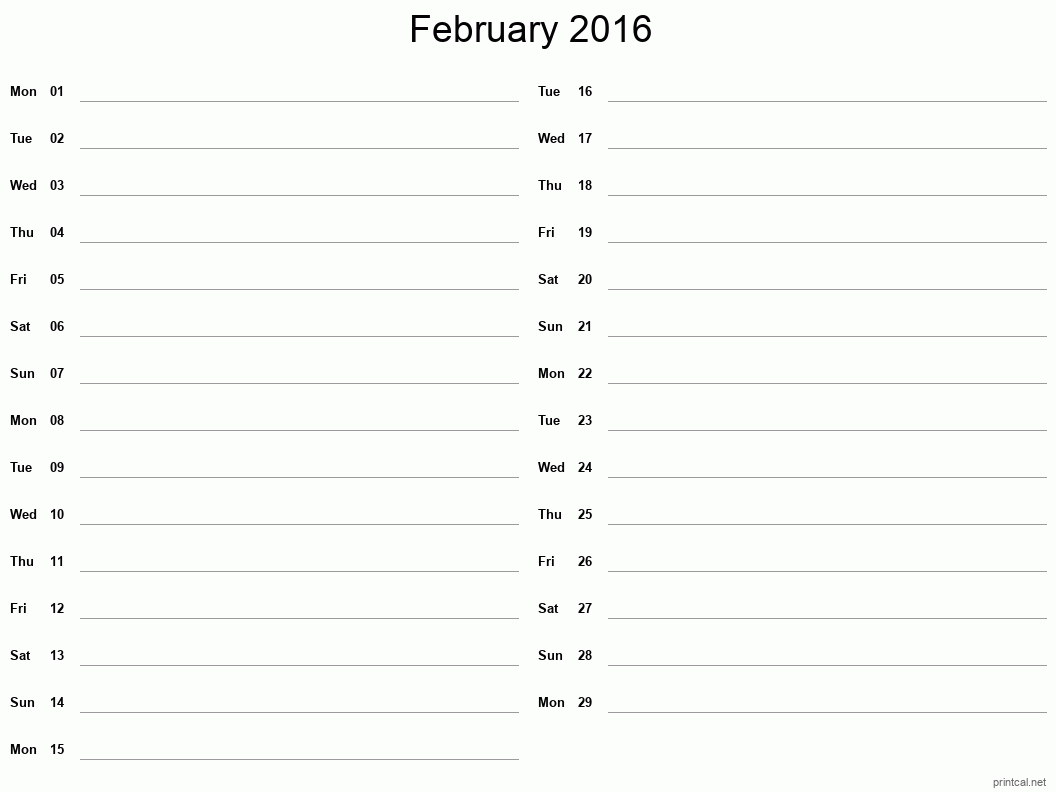 February 2016 Printable Calendar - Two Column Notesheet