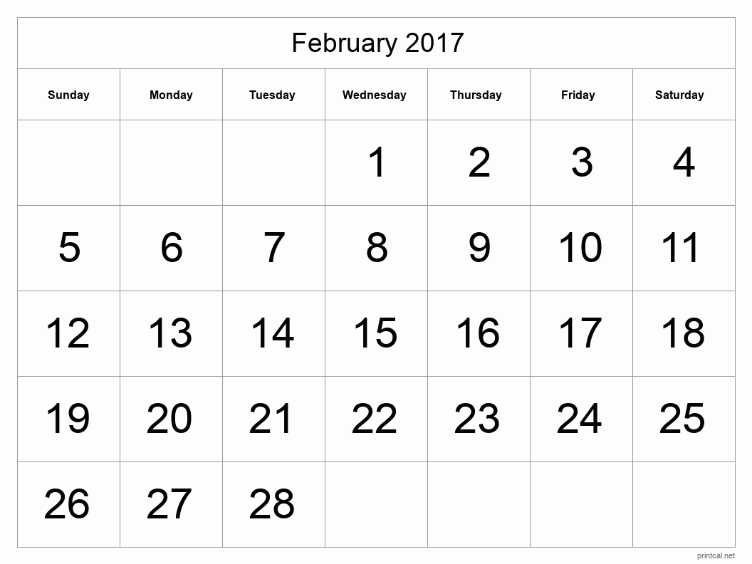 February 2017 Printable Calendar - Big Dates
