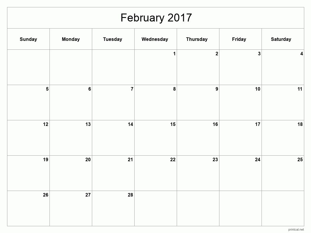 February 2017 Printable Calendar - Classic Blank Sheet