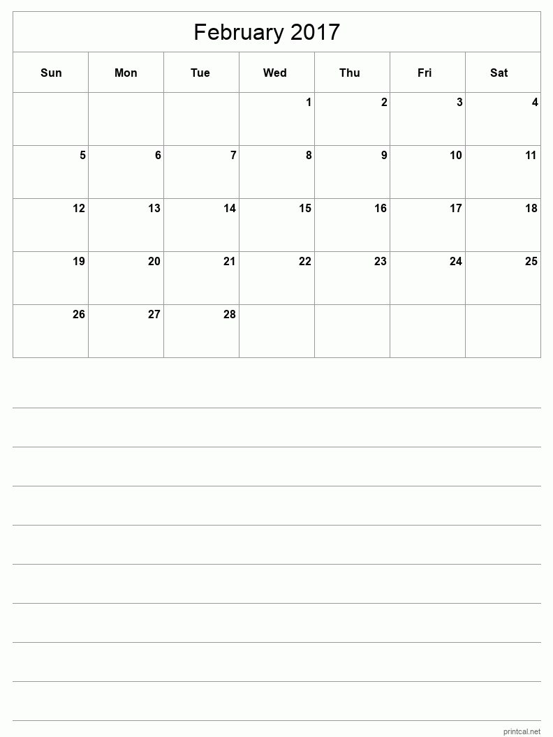 February 2017 Printable Calendar - Half-Page With Notesheet