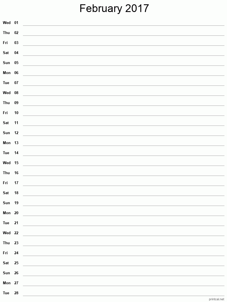 February 2017 Printable Calendar - Single Column Notesheet