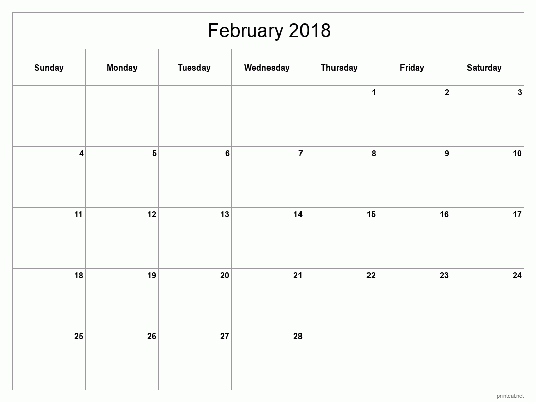 February 2018 Printable Calendar - Classic Blank Sheet