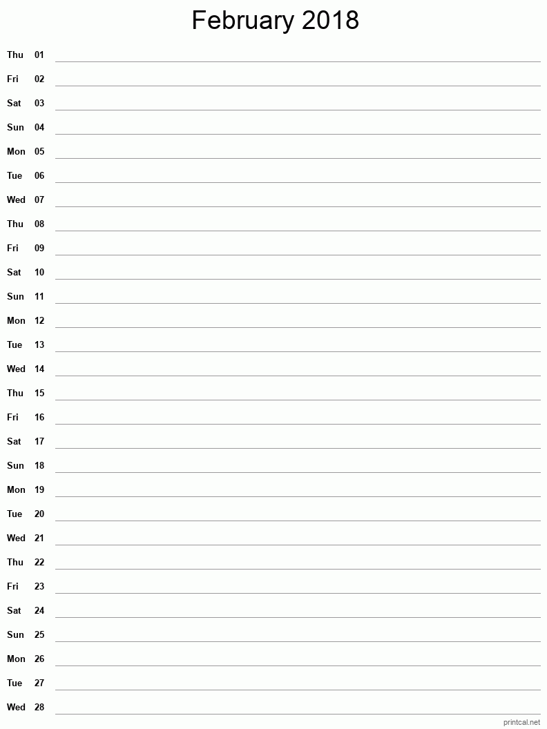 February 2018 Printable Calendar - Single Column Notesheet