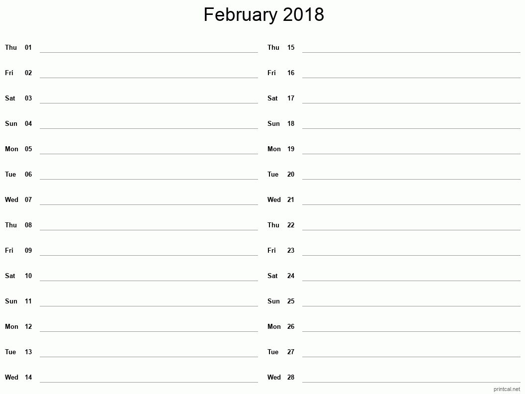 February 2018 Printable Calendar - Two Column Notesheet