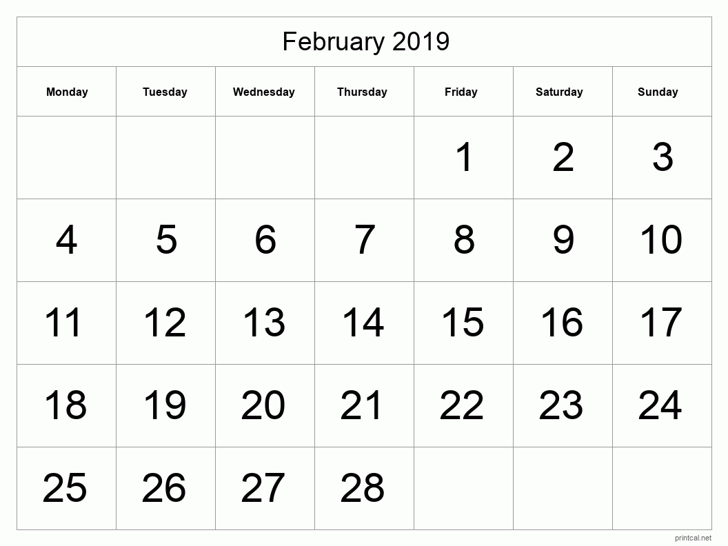 February 2019 Printable Calendar - Big Dates