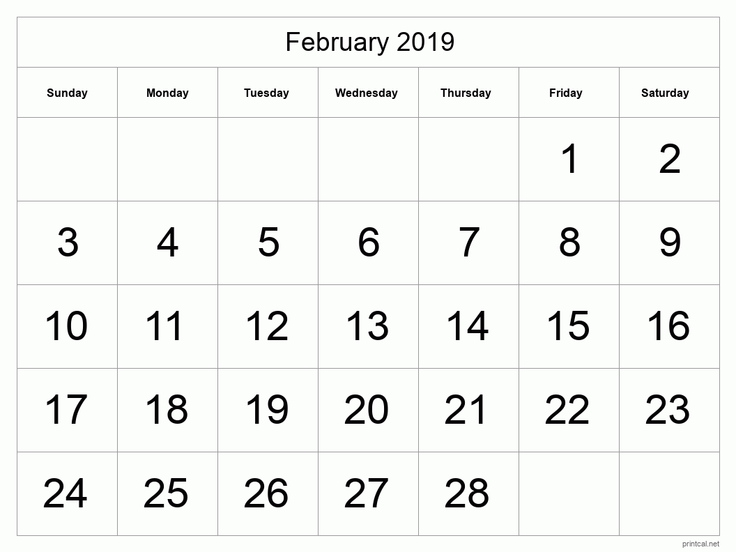 February 2019 Printable Calendar - Big Dates