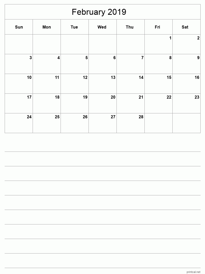 February 2019 Printable Calendar - Half-Page With Notesheet