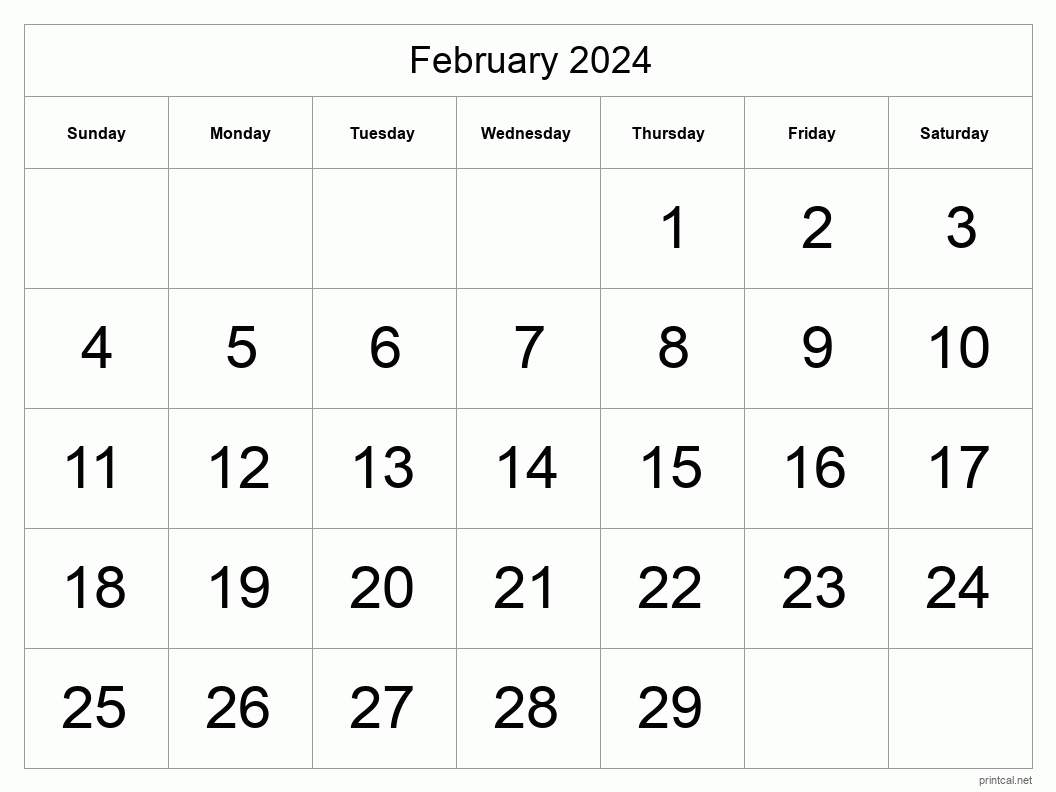 February 2024 Printable Calendar - Big Dates