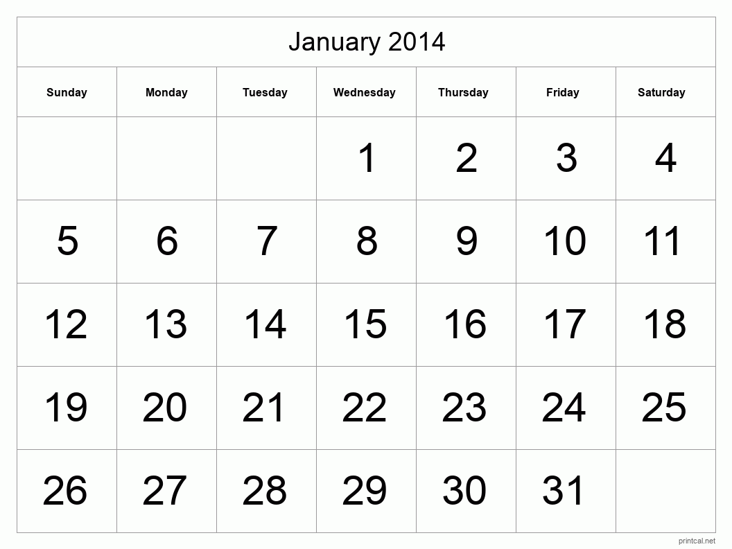 January 2014 Printable Calendar - Big Dates