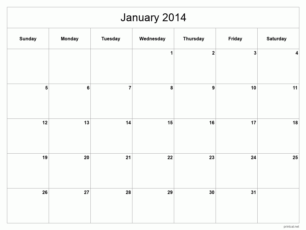 January 2014 Printable Calendar - Classic Blank Sheet