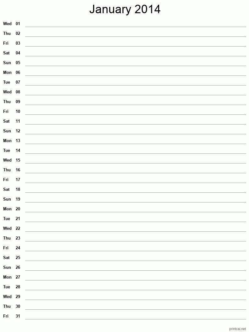 January 2014 Printable Calendar - Single Column Notesheet