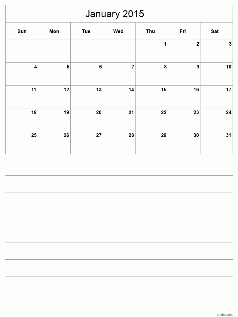 January 2015 Printable Calendar - Half-Page With Notesheet