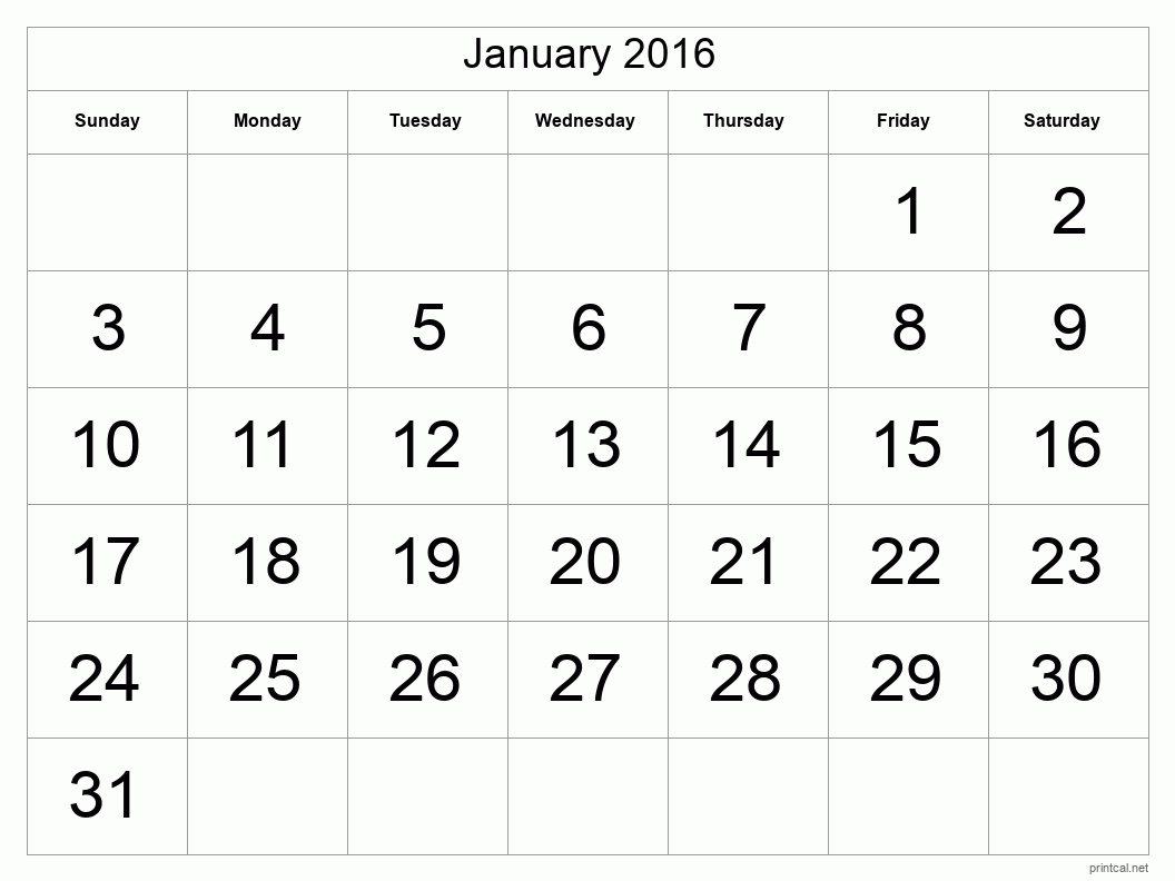 January 2016 Printable Calendar - Big Dates