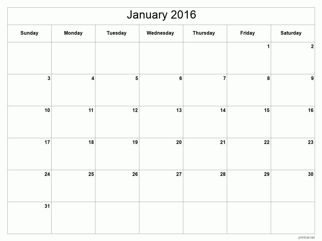 January 2016 Printable Calendar - Classic Blank Sheet