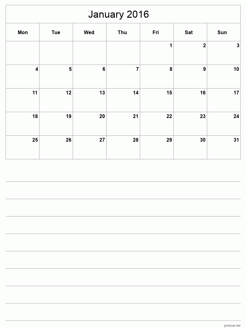 January 2016 Printable Calendar - Half-Page With Notesheet