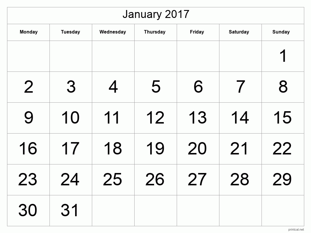 January 2017 Printable Calendar - Big Dates