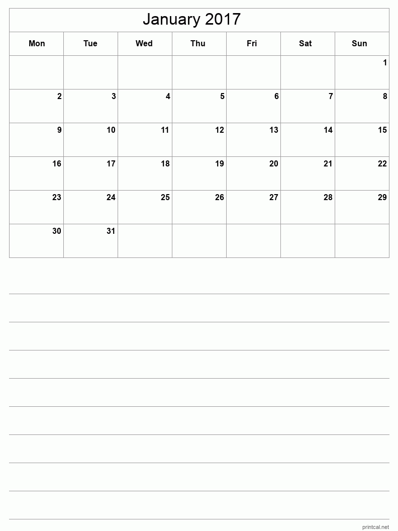 January 2017 Printable Calendar - Half-Page With Notesheet