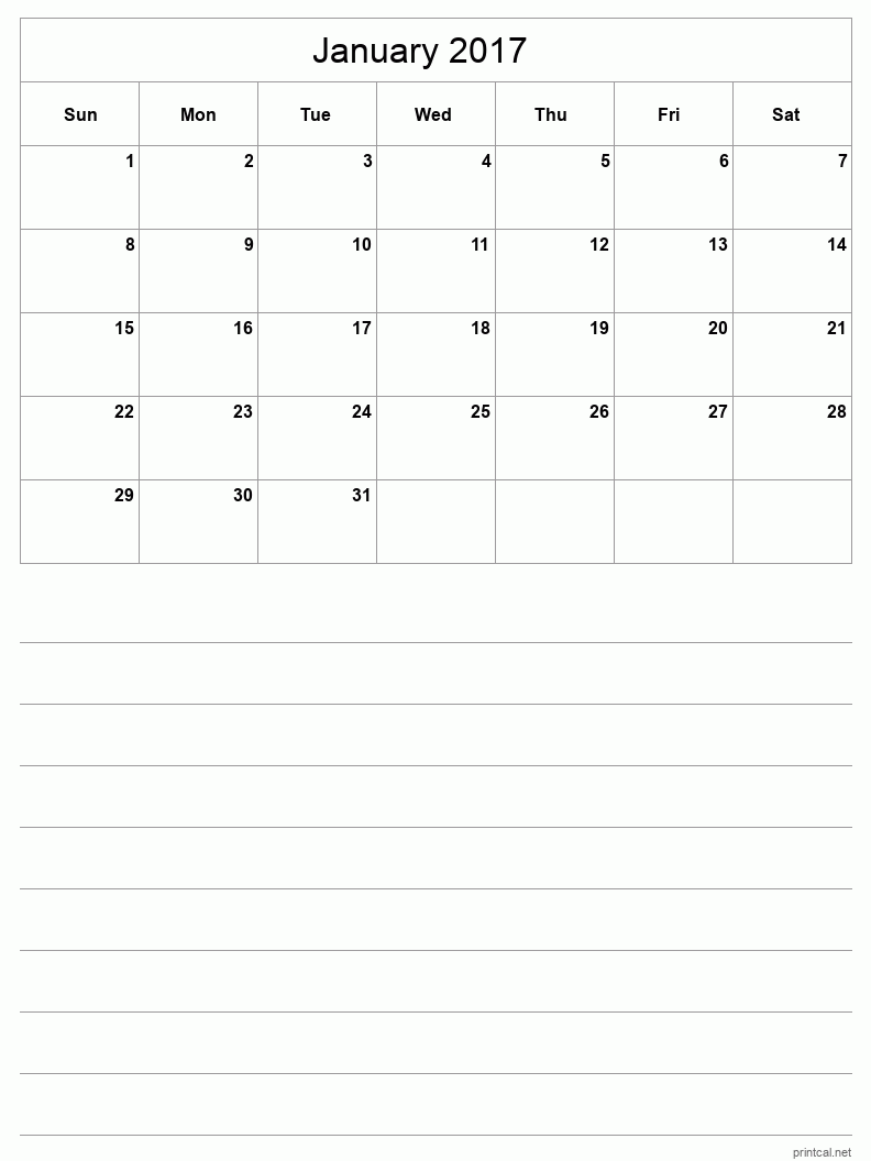 January 2017 Printable Calendar - Half-Page With Notesheet