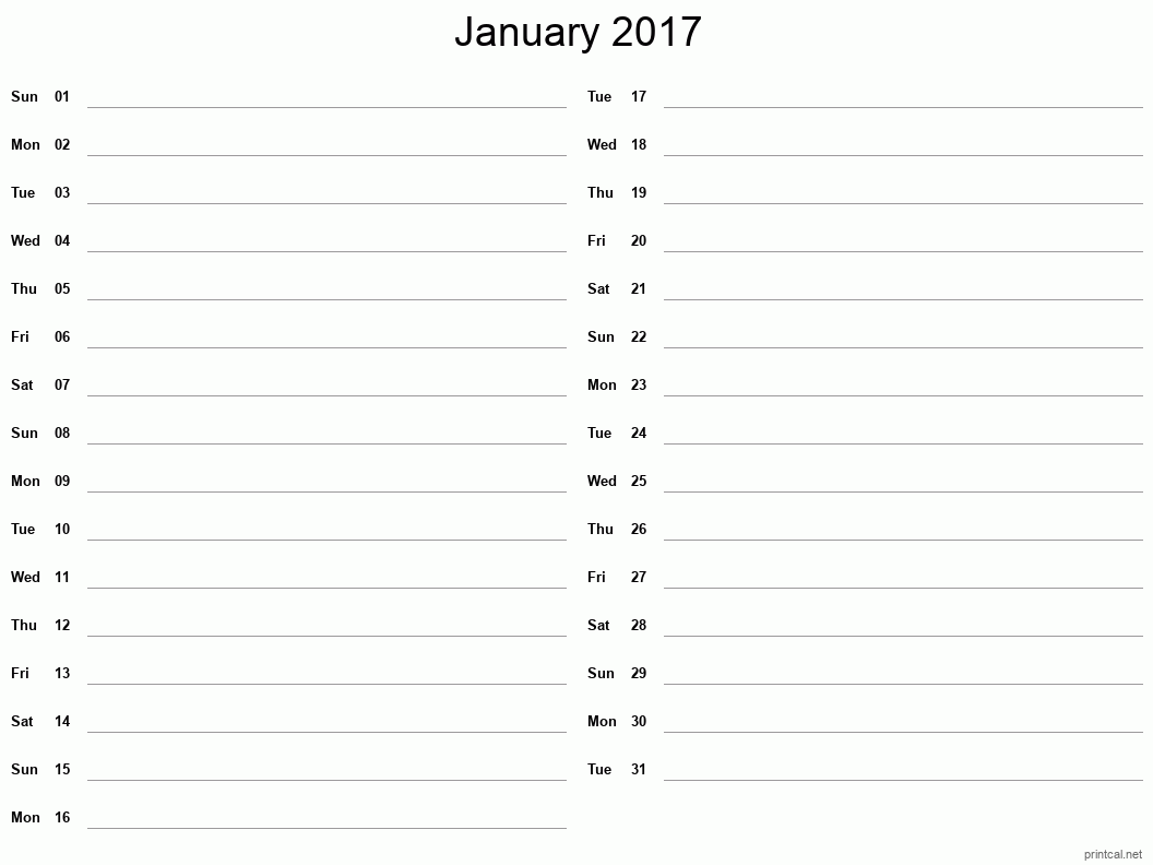 January 2017 Printable Calendar - Two Column Notesheet