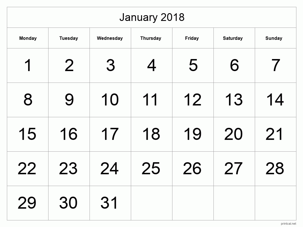 January 2018 Printable Calendar - Big Dates